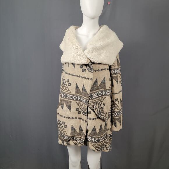 Kendall & Kylie Aztec Sherpa Collar Jacket Beige Tribal Pattern Boho Chic - Picture 1 of 16